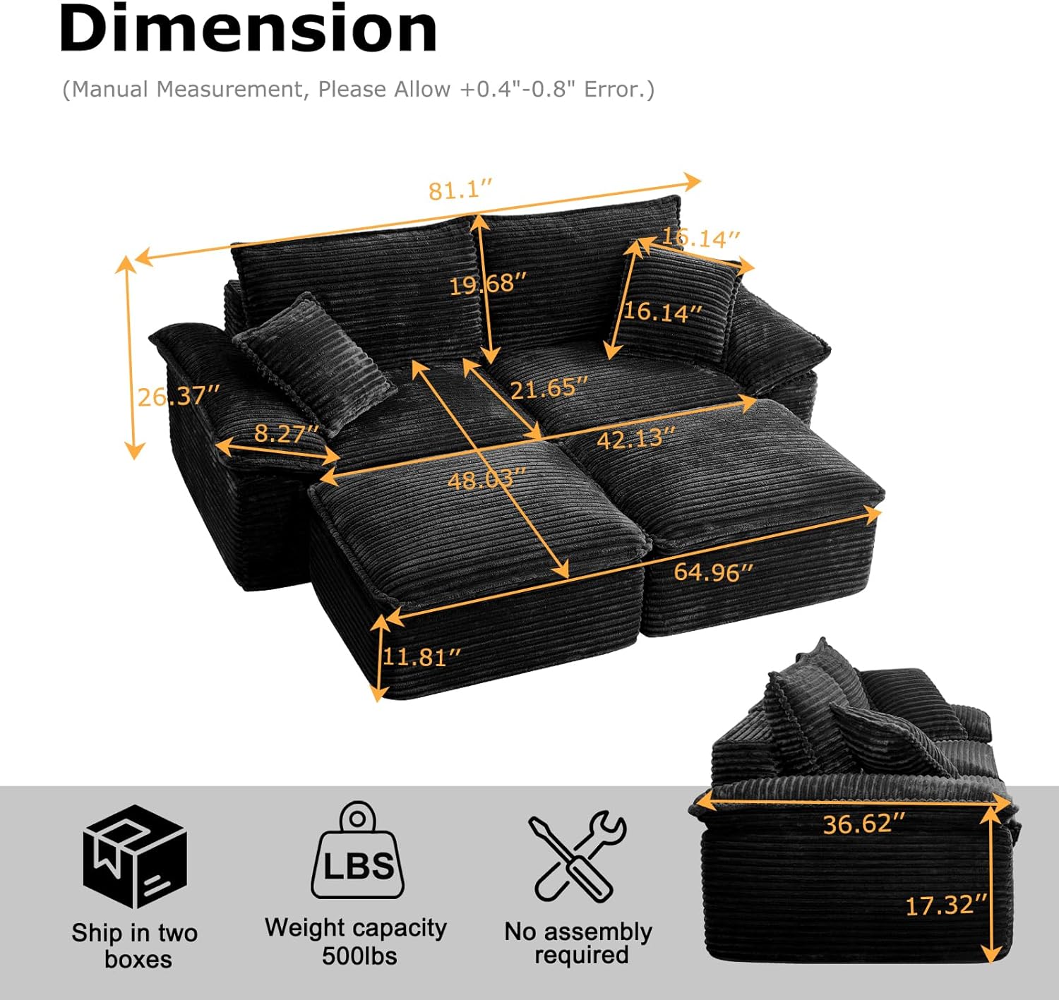 Compressed Sofa Bed,Sleeper Sofa with Deep Seat,Comfy Corduroy Fluffy Boneless Couch with Movable Ottoman,Cloud Couch for Small Place,No Assembly Required.（Loveseat,Black）