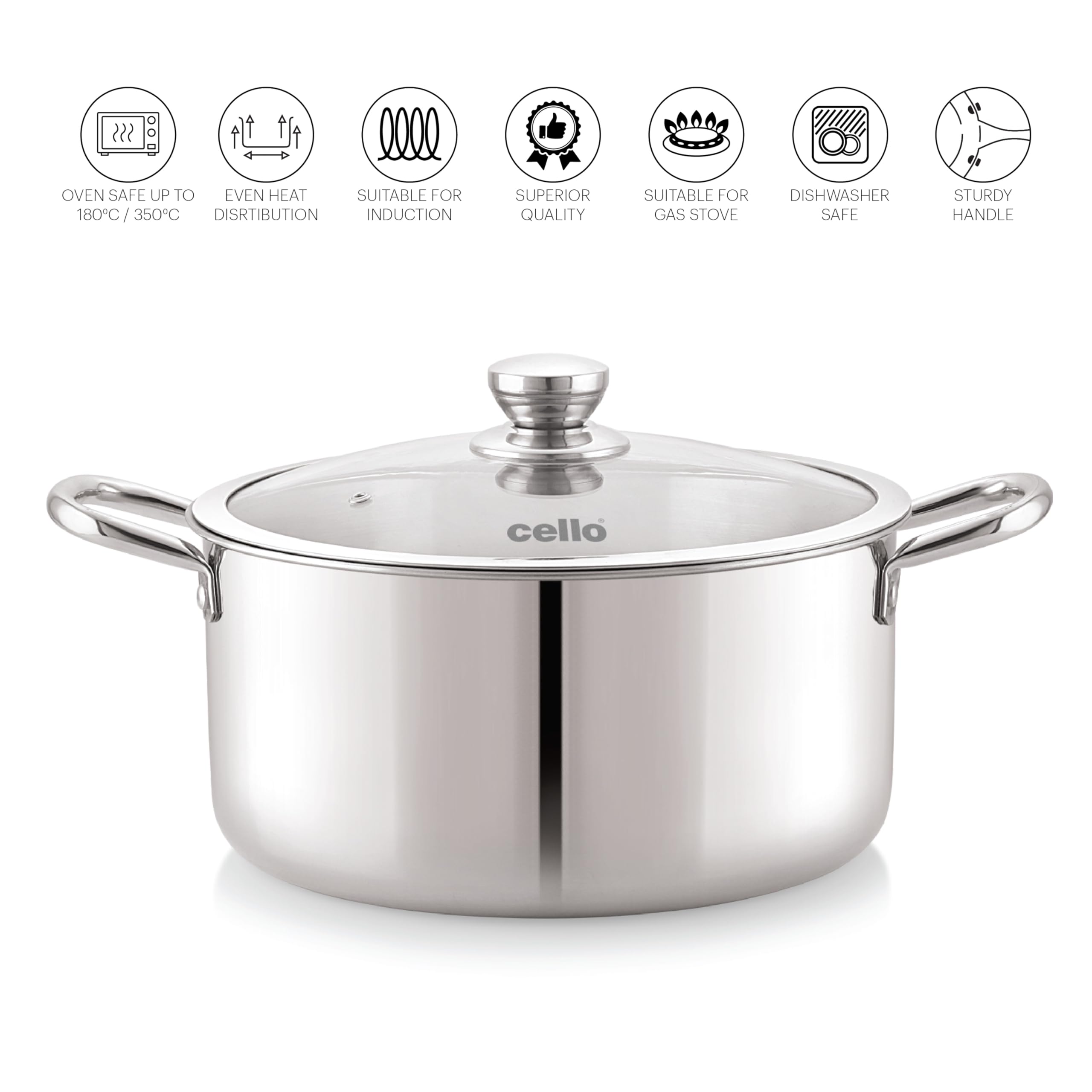 Cello Tri-Ply 22 cm Stainless Steel Cookware Casserole, 4 LTR | Tri-Ply Bottom Casserole with Glass Lid | Induction and Gas Stove Friendly | for Biryani/Pulao/Halwa/Curries | Silver 1
