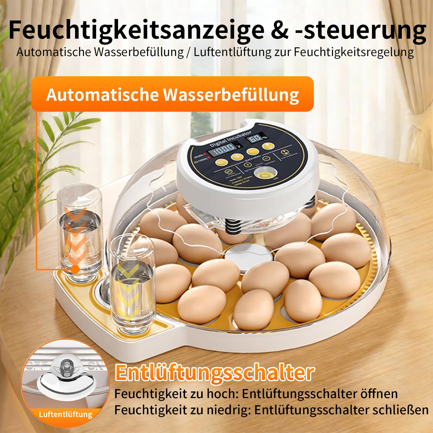 Brutautomat Vollautomatisch, Inkubator Hühner 18-60 Eier für mit Automatischer Temperatur Feuchtigkeitsregelung, Inkubator Brutmaschine für Hühner Wachteln Enten und Geflügel Eierbrüter | Einfach zu bedienen und hohe Schlupfrate, Präzise konstante Tempera