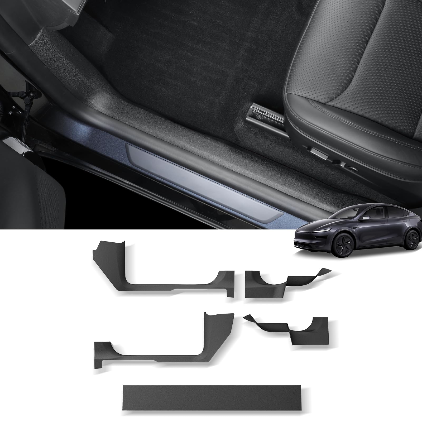LUCKEASY 5PCS for Tesla Model Y Juniper 2025 2026 Front & Rear Door Threshold Strip 2nd Row Seat Lower Protector Anti-dust Pads Door Sill Protective Cover TPE Accessories Black