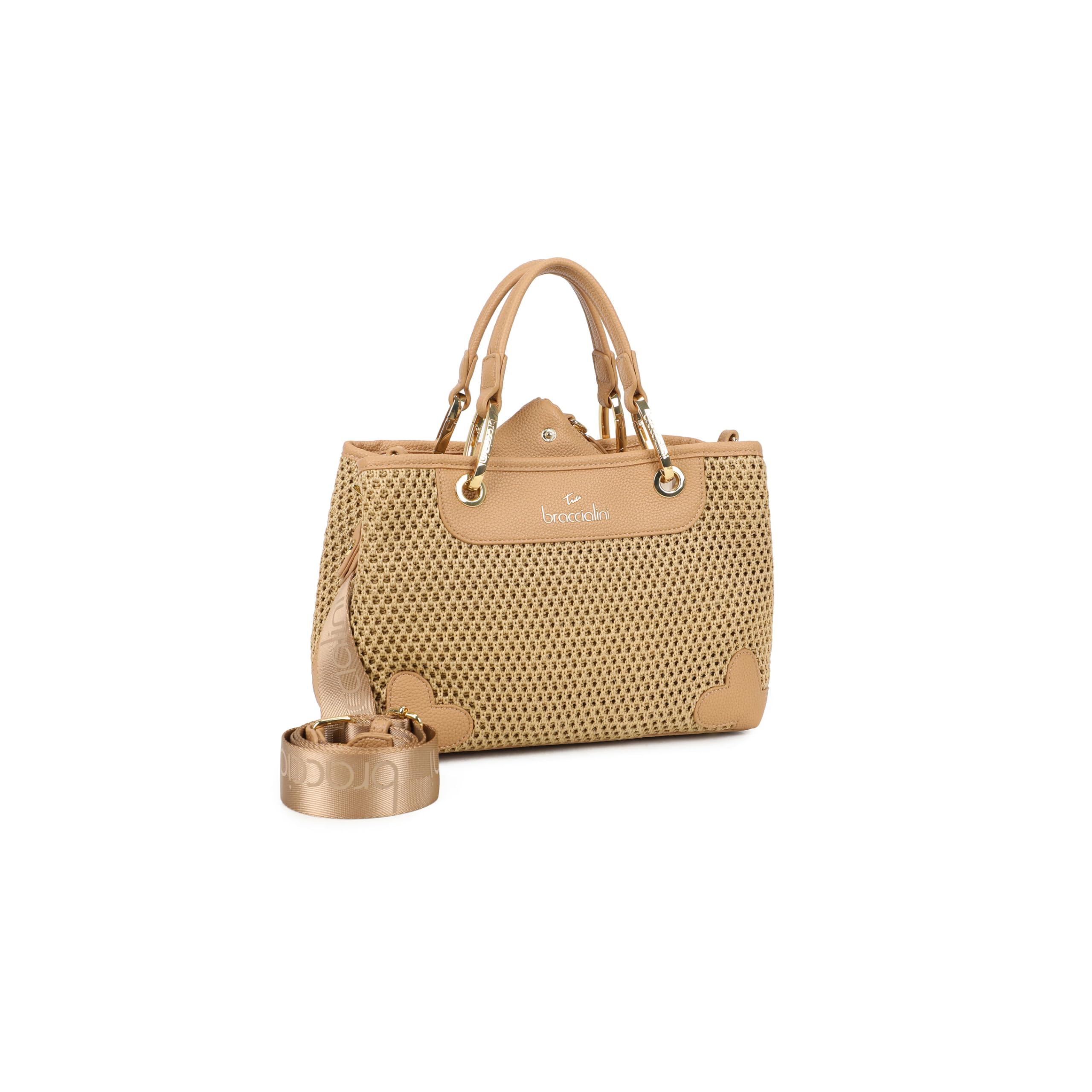 Braccialini Bolso de mano Beth Tricot de tamaño mediano en tejido de tricot efecto paja en color galleta, con asas dobles y detalles de piel sintética. La correa de hombro desmontable y ajustable