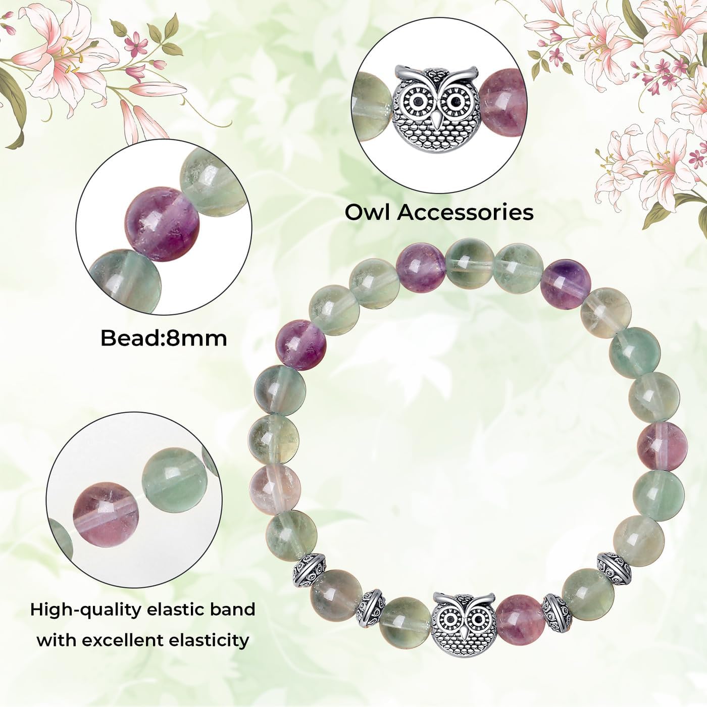 MAIBAOTA Elephant Gifts for Women Elephant/Cat/Turtle/Owl Bracelet 8 mm Round Gemstones Animal Style Bracelets Stretch Bracelet Christmas Gifts for Women - Image 6