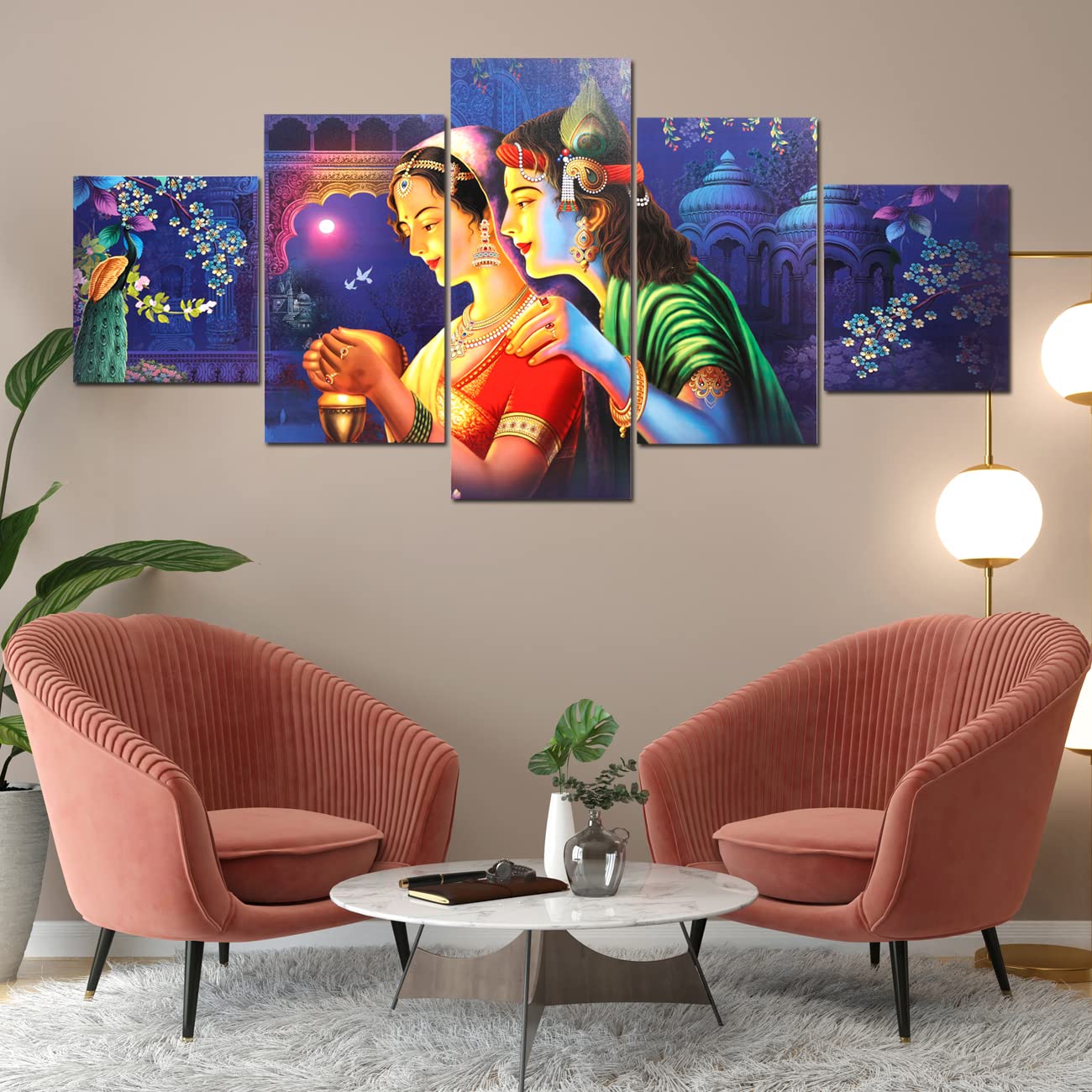 perpetual Radha Krishna Paintings for Wall Decoration - Set Of Five, 3d Scenery Vastu Wall Painting for Living Room Large Size with Frames for Wall Decor and Home Decoration (75 CM X 43 CM) cu