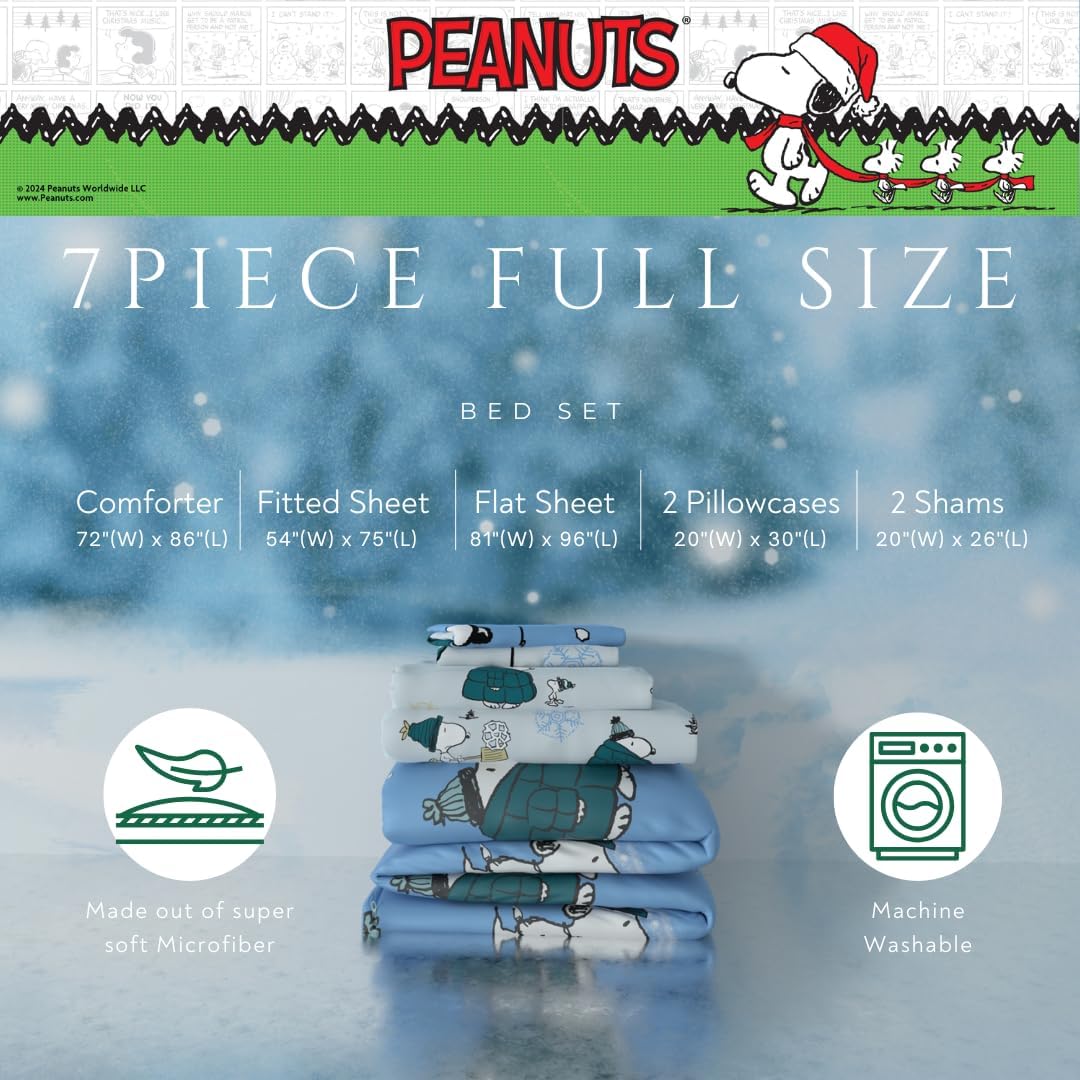 Collectibles Peanuts Snoopy Puffer Holiday & Christmas Bedding Super Soft Comforter and Sheet Set with Sham, 7 Piece Full Size (Officially Licensed Product) By Franco