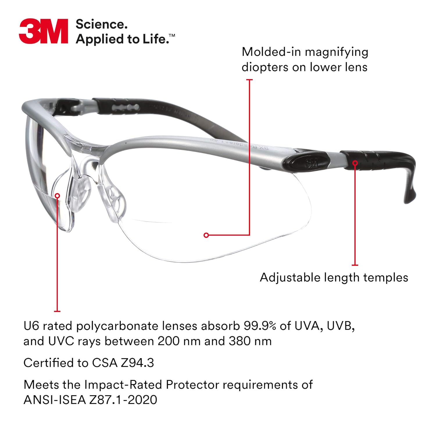 3M Safety Glasses with Readers, BX, +1.5, 1 Pair, ANSI Z87, Anti-Fog Anti-Scratch Clear Lens, Silver Frame, Adjustable Length Temples and Lens Angle