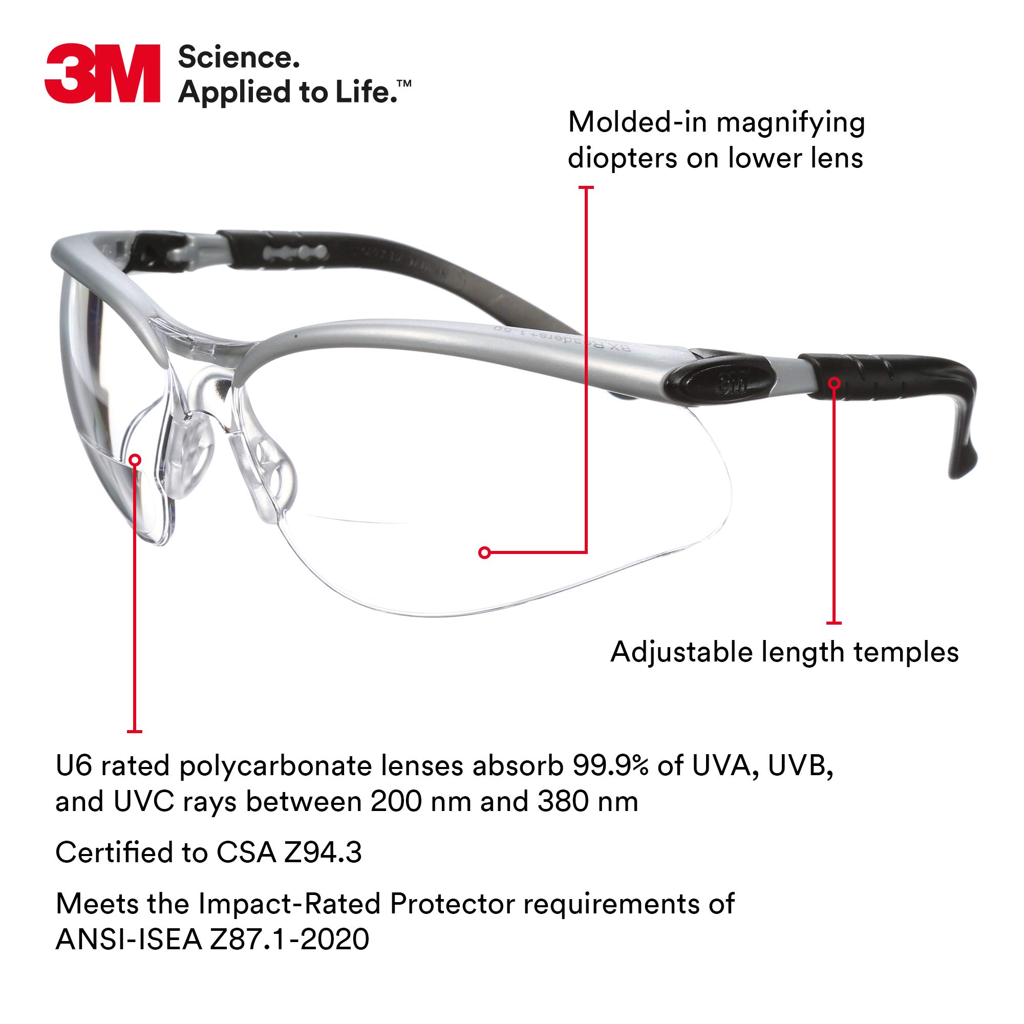3M BX Reader okulary ochronne, 11374-00000-20 przezroczystych soczewek, srebrna ramka, +1,5 dioptrii (1 opakowanie)