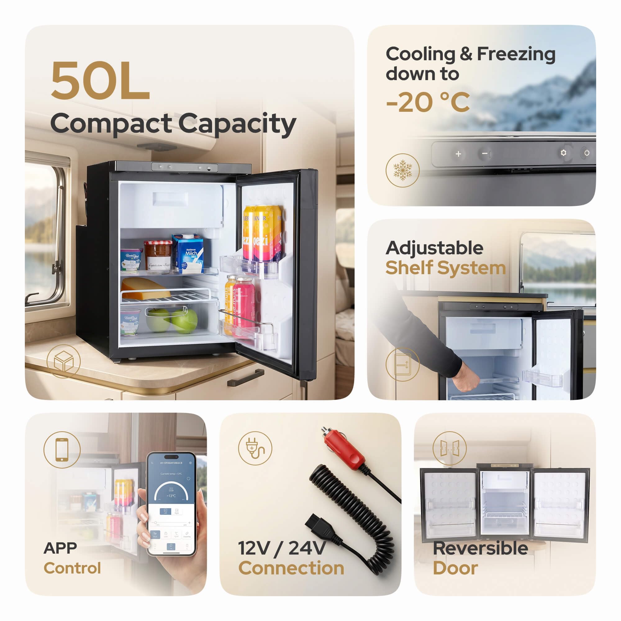 Arebos Lodówka Kompresorowa do Kampera 50L z Zamrażalnikiem | Sterowanie APP | 12V/24V | Chłodzenie do -20°C | Odwracalne Drzwi | Lodówka do Kampera, Auta i Ciężarówki