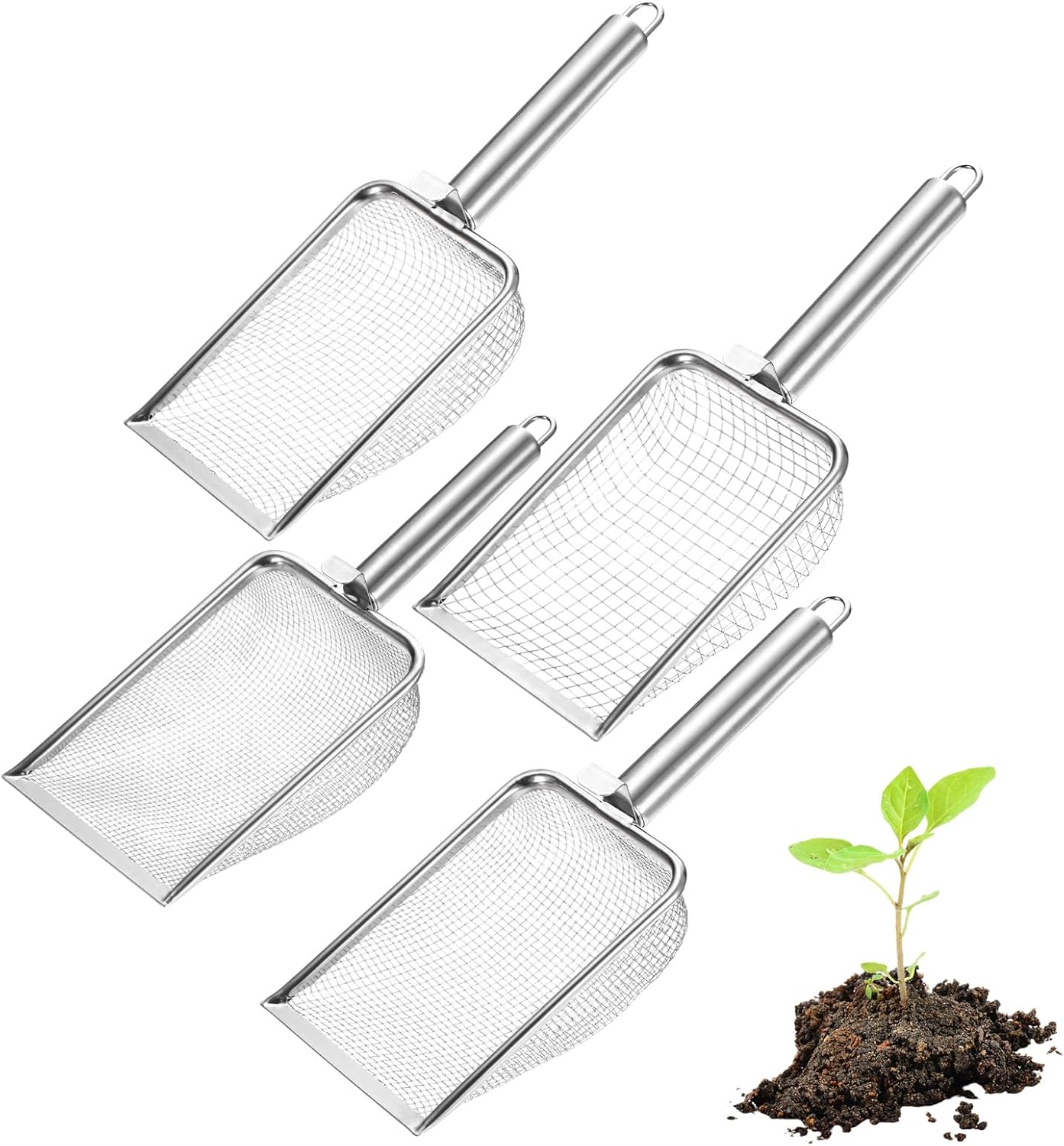 M METERXITY 4-Pack Gardening Soil Sifter, 2.5/3.3/4/6 mm Mesh Stainless Steel Sand Soil Compost Sieve with Round Stainless Steel Handle for Sand/Dirt/Rock Compost [Silver Tone]