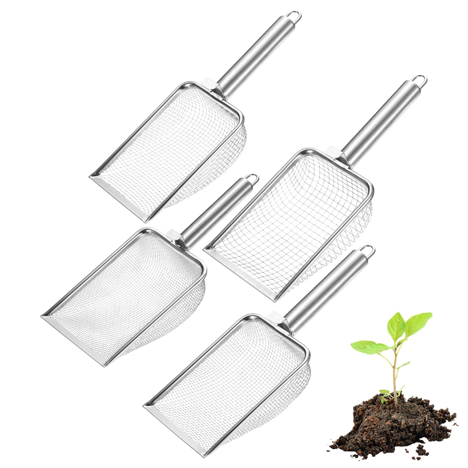 M METERXITY 4-Pack Gardening Soil Sifter, 2.5/3.3/4/6 mm Mesh Stainless Steel Sand Soil Compost Sieve with Round Stainless Steel Handle for Sand/Dirt/Rock Compost [Silver Tone]