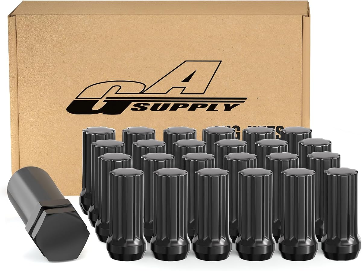 GAsupply 14x1.5 Black Lug Nuts, 2" 50mm Tall, Cone Seat, 24PCS+ 1 Key | M14x1.5 Closed End Acorn Spline Lug Nut Set Conical/Cone Seat for Aftermarket Wheels, Pack of 24pcs+1 Spline Wheel Lock Key