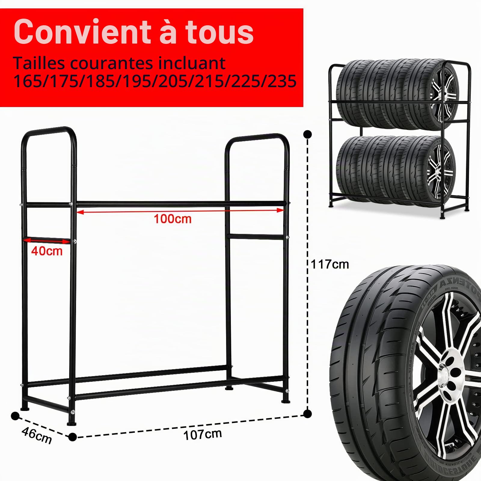 Étagère à pneus 8 pneus, 2X Support de pneus 107 x 46 x 117cm,Arbre à Jantes pour pneus de Voiture capacité de Charge 180kg,Étagère à Jantes avec Housse de Protection pour pneus
