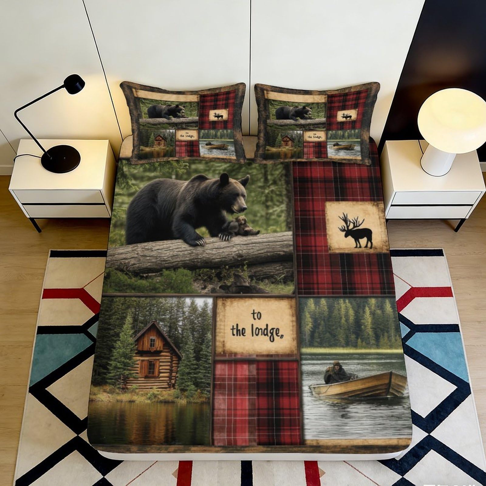 3D Printed Bear and Cabin Fitted Sheet Microfiber Soft Durable Forest and Lake Bed Cover for Bedroom Guest Room Dormitory Mattress Protection 140x200x25cm