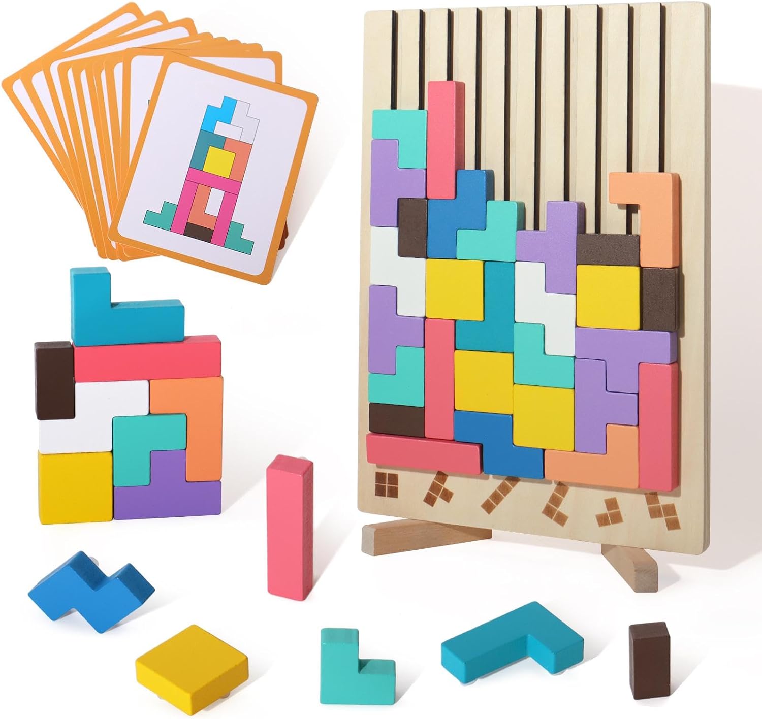 3D Russian Block Puzzle Montessori Toy Art, 42 Pcs Wooden Brain Teasers Stacking Puzzle Toy, Giant Board Game, Wood Stacking Blocks Stress Toys for Family Easter Activity