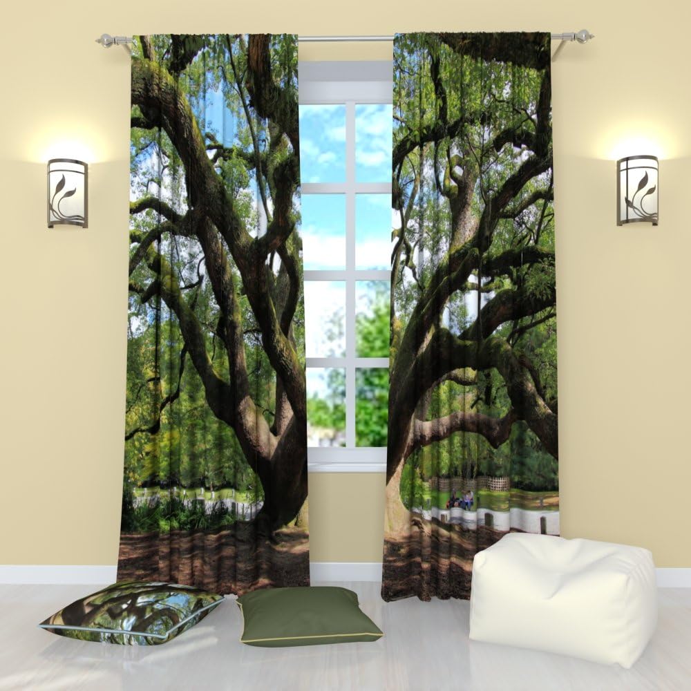 Factory4me Forest Green Curtains with Deciduous Trees Beech Sunshine Nature Landscape Summer Woodland Scene Darkening Window Set of 2 84 inches Panels for Living Room Bedroom Kitchen