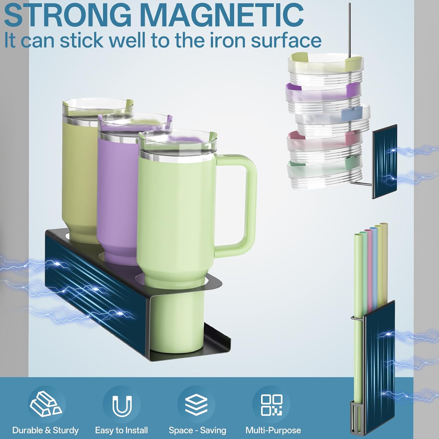 Magnetic Stanley Cup Holder For Fridge, 4 Pack Water Bottle Organizer for 20 30 40 oz Stanley Tumbler, with Straw & Lid Holder, Stanley Cup Accessories for Kitchen, Spice Jars (Black) - Image 3