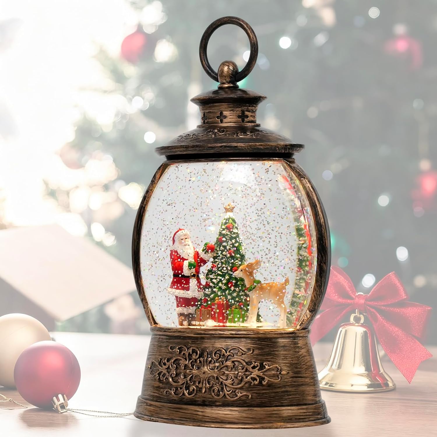 Musical Christmas Lantern 9.5inches Music LED Lighted Santa/Reindeer/Christmas Tree Water Lantern with Swirling Sequins and Timer Function, Home Tabletop Holiday Decoration