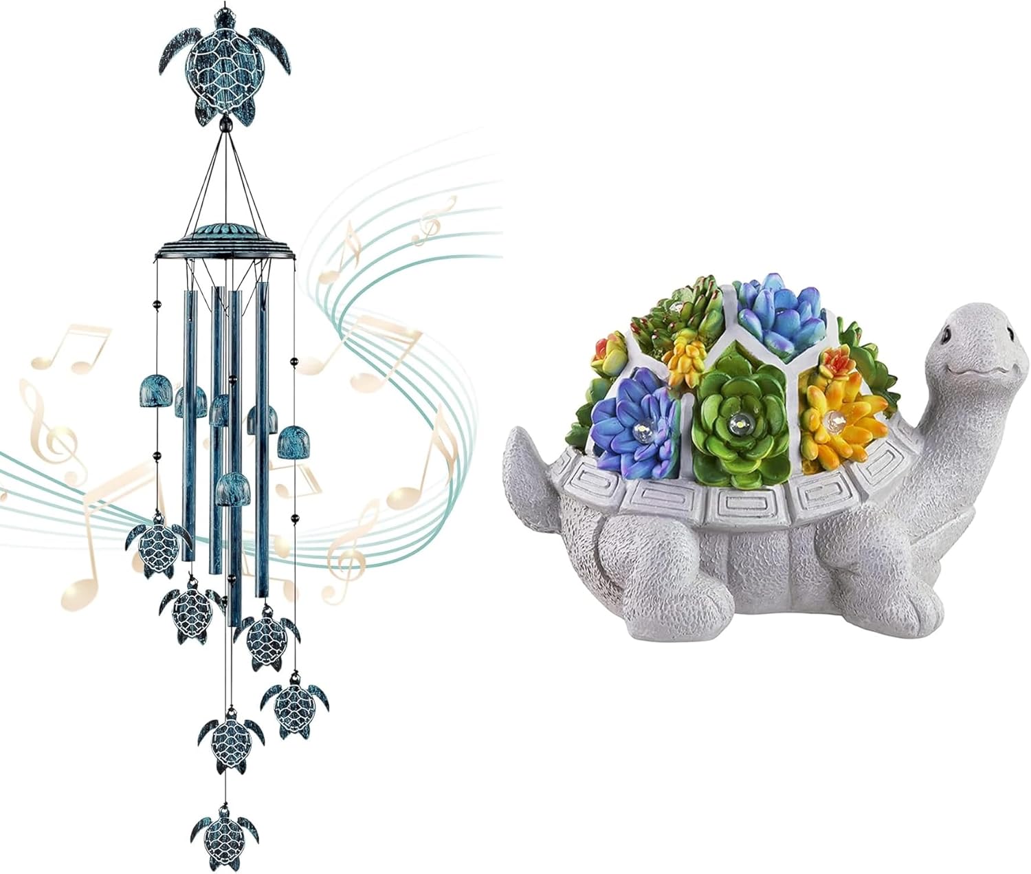 2 Pcs Turtle Decor, Outdoor Turtle Wind Chime + Turtle Solar Garden Statue Value Bundle Promo Gift for Grandma