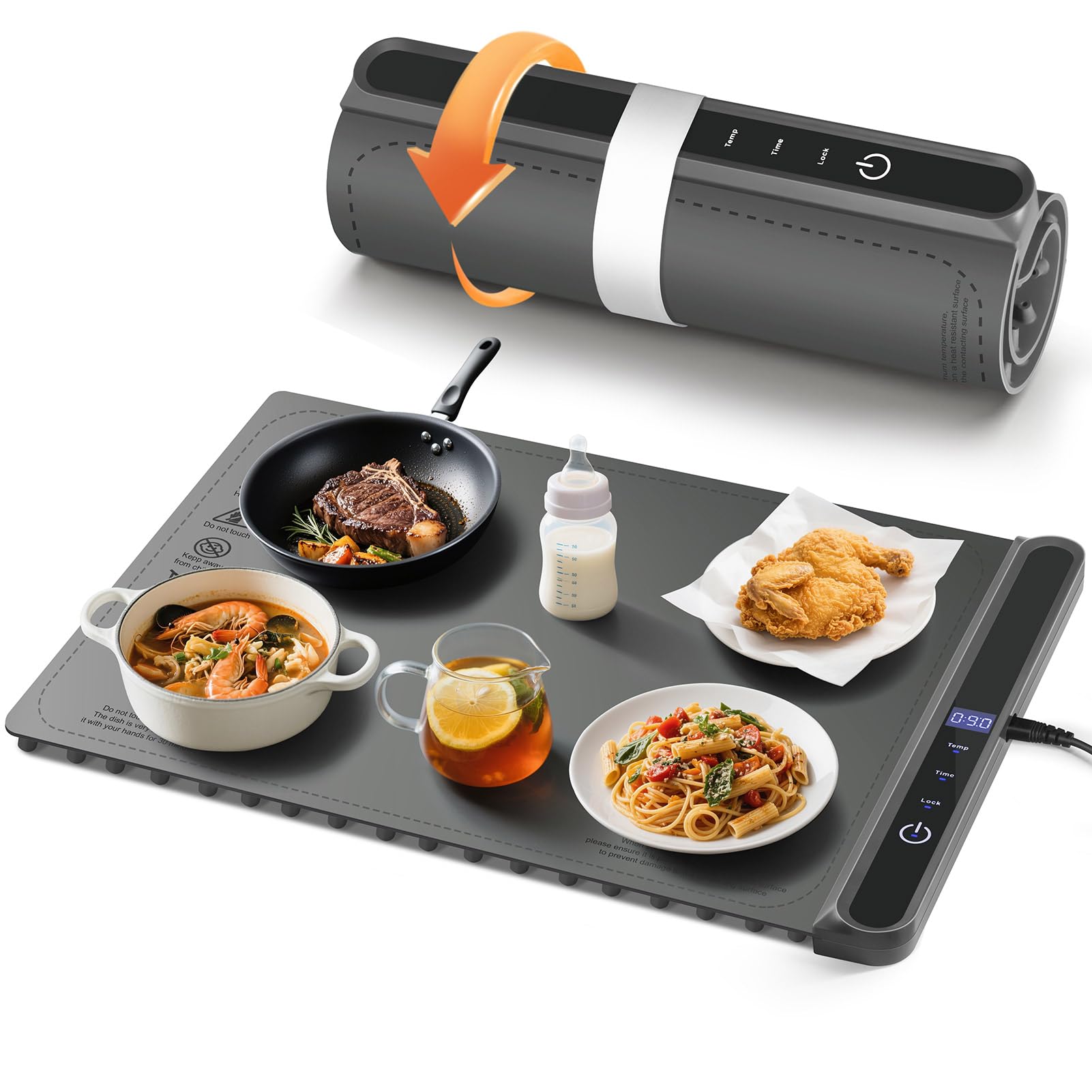 AUTOPkio Chauffe Plat Électrique, Pliable Plaque Chauffante 300W avec 6 Température 9 Minuteries, Verrouillage Enfants, Chauffe Assiette à Réchaud pour Buffets Fêtes Banquet