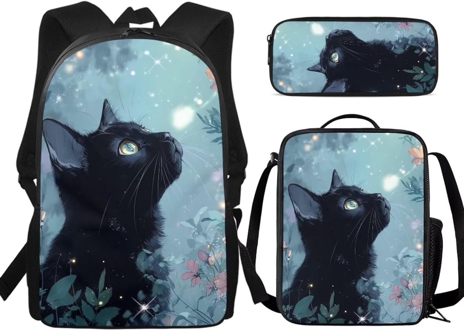Funny Black Cat Print 3Pcs Backpack Sets with Lunch Box and Pencil Bag Primary Schoolbag Travel Daypack Shoulder Bag Girls Rucksack knapsack