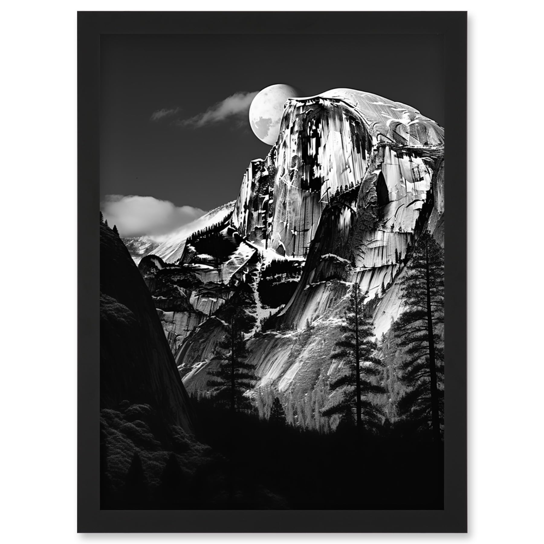 Artery8 Moonrise Behind Half Dome High Contrast Black White Photograph Yosemite National Park Full Moon and Mountain Forest Landscape Artwork Framed Wall Art Print A4
