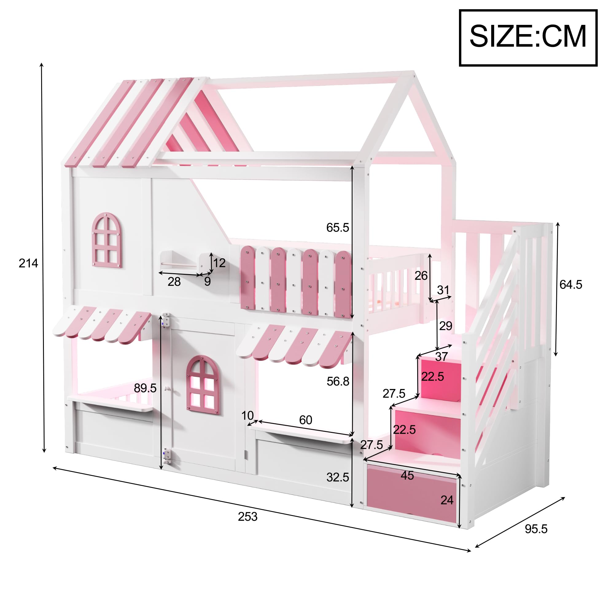 Dolamaní Hochbett Kinder 90x200 cm, Kinderbett Hausförmiges Design Mit Fenstern, Dach & Tür, Etagenbett Mit Stauraumleiter, LED-Beleuchtung & Regalen, Hausbett Holz Ohne Matratze (Weiß + Rosa)