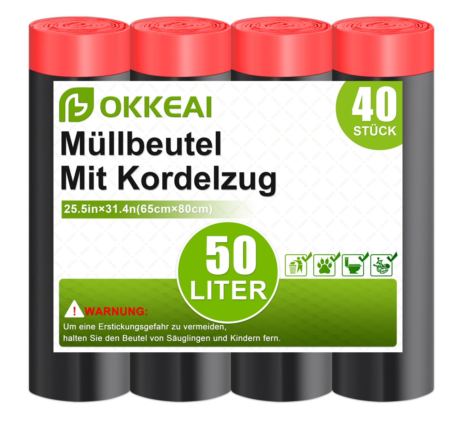 OKKEAI Schwarz Müllsäcke 50Liter mit Zugband Reißfest Müllbeutel Große Mülltüten,40 Stück Küchen Abfallbeutel