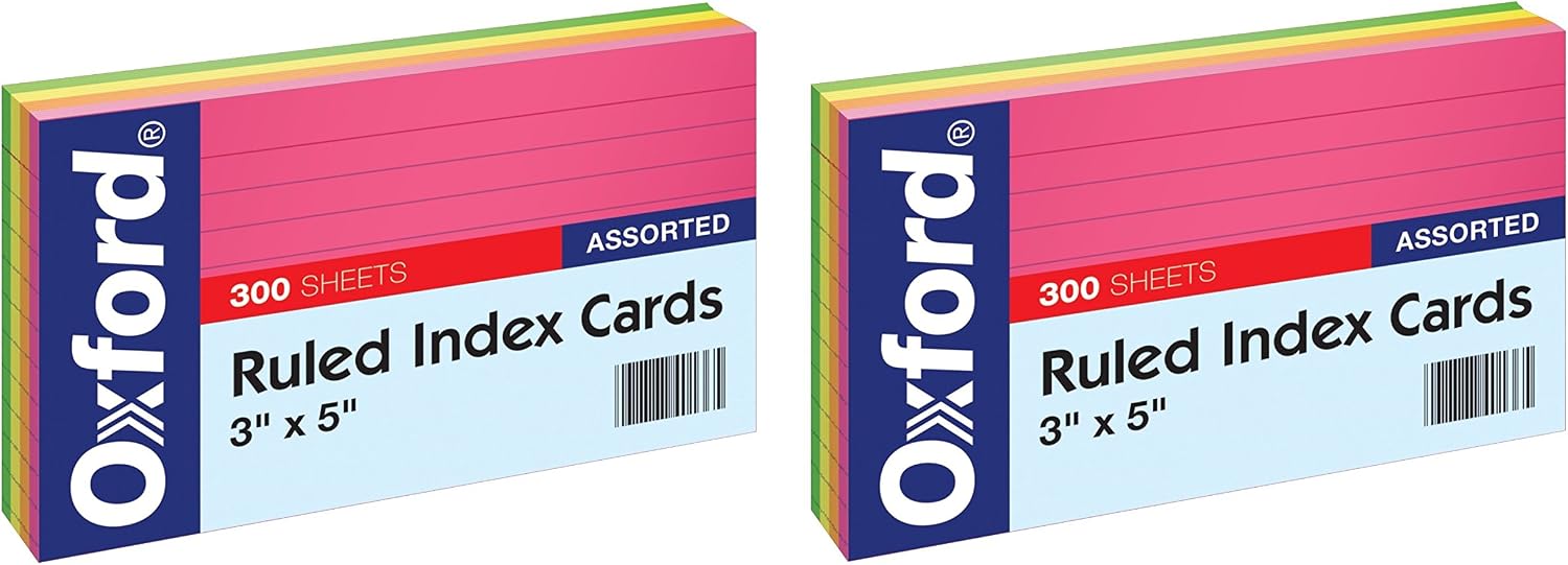 Oxford Neon Index Cards, 3" x 5", Ruled, Assorted Colors, 300 Per Pack 81300EE (2 Pack)