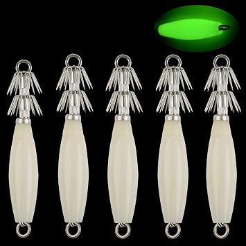 Luminous Squid Jig Hooks Saltwater Glow Squid Jigs Fluoresent Cuttlefish Sleeve Fishing Jigs Squid Hard Night Fishing Bait Octopus Lure Glow in Dark