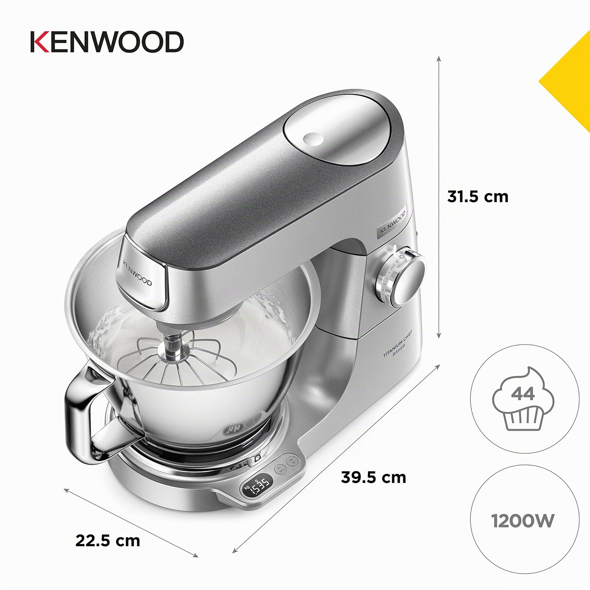 Kenwood Titanium Chef Baker KVC85.004SI - Robot de cocina con báscula integrada (incluye set de pastelería de 3 piezas, cuenco de 5 L y 3,5 L, regulador de velocidad continuo, 1200 W), color plateado