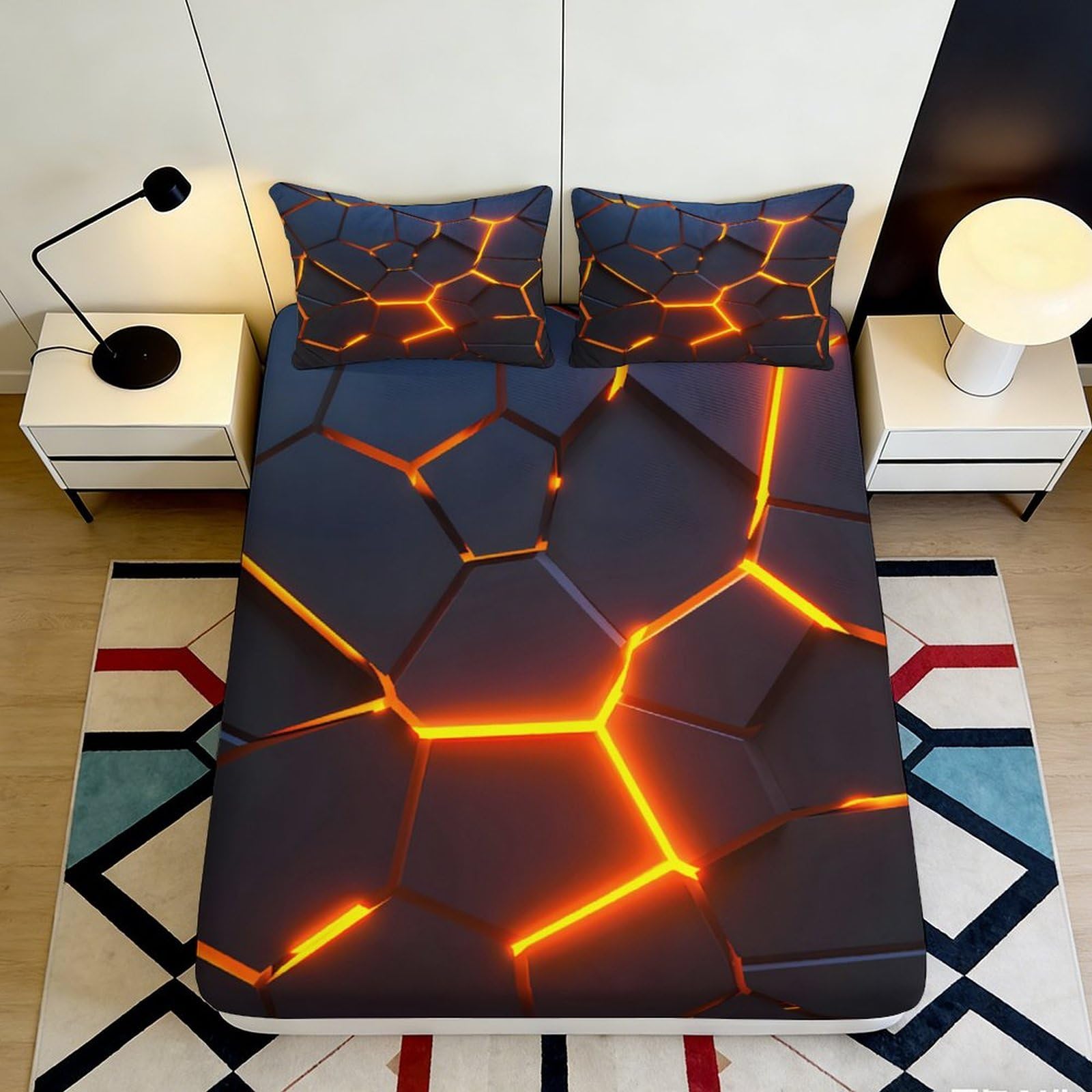 3D Printed Lava Cracked Pattern Fitted Sheet Microfiber Orange Glow Mattress Cover for Bedroom Dorm Decor 120x200x25cm