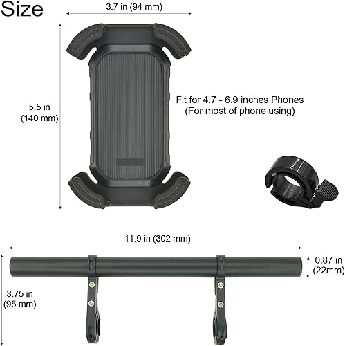 Miniatura 4 de Extensor de manillar de bicicleta con soporte para teléfono, barra de extensión de aluminio de 11.9 pulgadas, se adapta a barras de 18 a 1.339 in,
