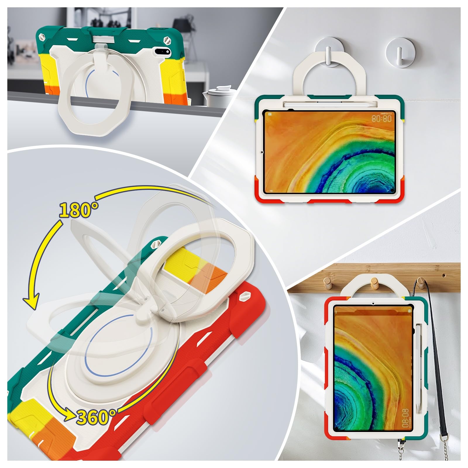 Trwałe etui ochronne do Huawei Matepad Pro 10.8 (wersja 2021/2019), obrotowy stojak 360°, pasek na ramię, uchwyt na długopis i pierścień na uchwyt, osłona odporna na wstrząsy dla dorosłych dzieci(Red