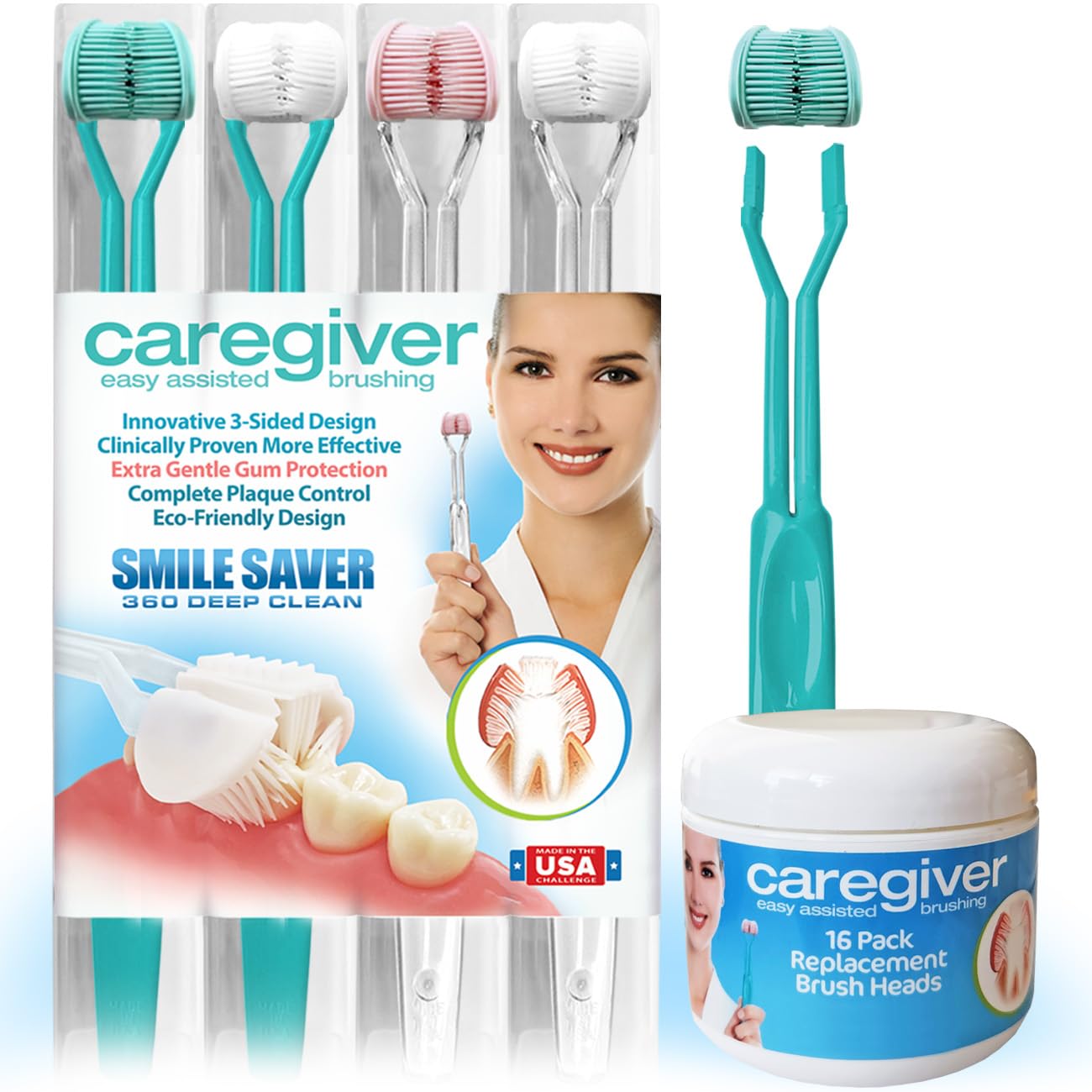 Amazon.com : Caregiver 3-Sided Toothbrush | 4-Pack + 16