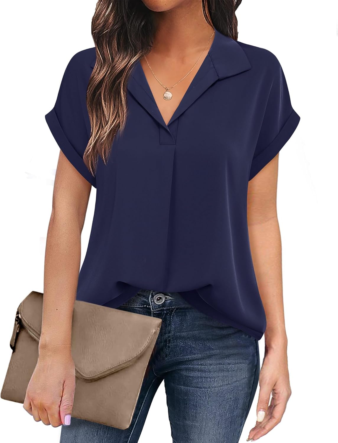 Timeson Women's Short Sleeve Chiffon Blouses for Office Work Business Attire Collared Shirts
