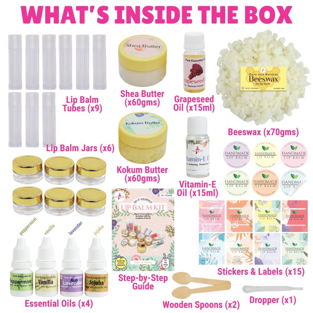 Kalakaram DIY Lip Balm Making Kit - Make 15 Lip Balms with Shea & Kukum Butter, Beeswax, Vitamin E Oil, Grapeseed & Essential Oils, DIY Activity Kit for Kids & Craft Kit for Girls 9-12 1