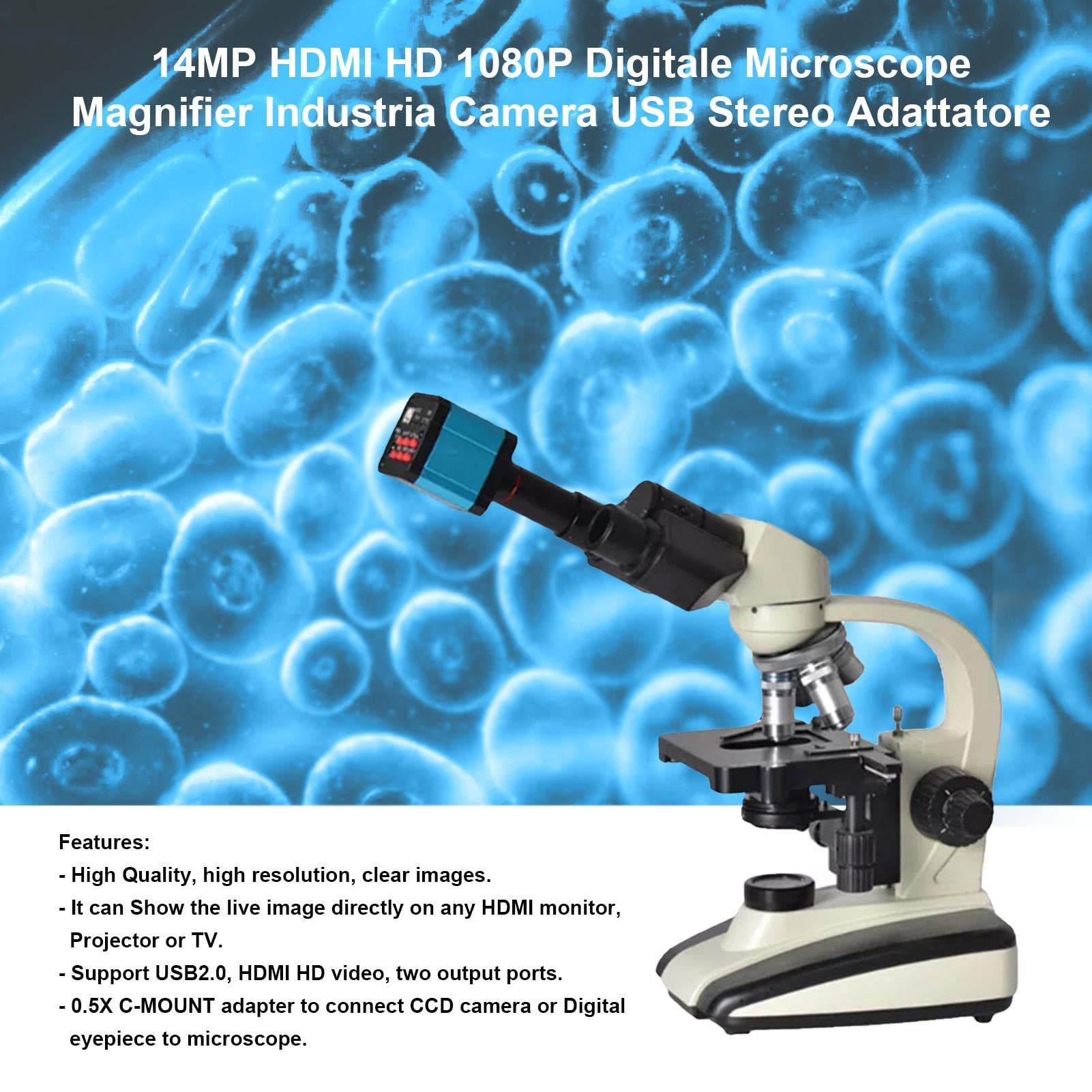 BuyWeek Cámara de Microscopio Digital Endoscopio de Aumento, 14MP HDMI HD 1080P Industrial con Adaptador de USB (Enchufe de la UE)