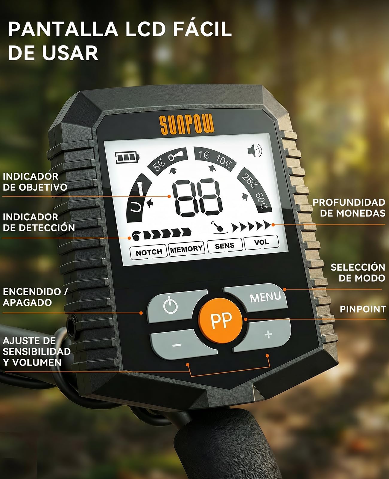 SUNPOW Detector de Metales : Chip Mejorado, Alta Precisión, Potente Cancelación de Interferencias, 4 Modos de Búsqueda (Modo Pinpoint, Modo de Memoria, Modo de All Metal, Modo Notch)