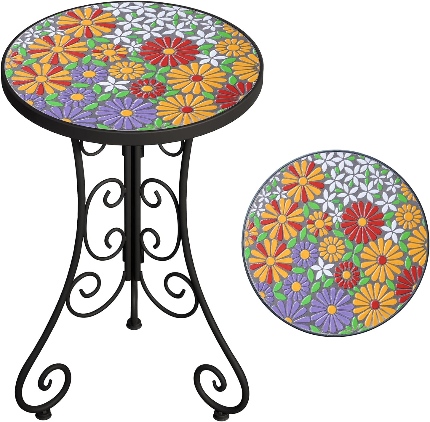 Mosaic Outdoor Side Table, Patio Side Table, Weather Resistant 14" Diameter 21" H Ceramic Tile Round Outside Table for Patio, Porch, Garden, Pool, Indoor&Outdoor,Plant Stand
