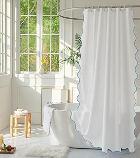 White Fabric with Aqua Scalloped Border Shower Curtain,Boho Chic Cloth Shower Curtain for Bathroom Showers,36 x 72 Inches - Buy now