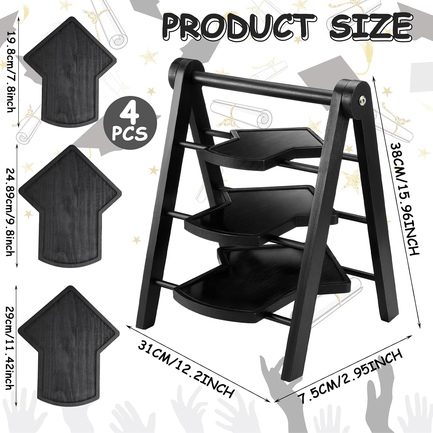 Novabright Graduation Serving Trays and Platters, 3 Tier Foldable Wooden Cupcake Stand, 7.8''/9.8''/11.4'' Black Graduation Cap Charcuterie Board Serving Plate for Food Display, Grad Party Decor, Gift