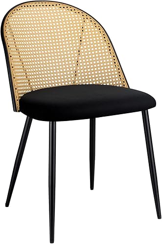 Silla de comedor moderna de ratán con patas de metal negro, respaldo de caña tejida natural, asiento de cojín negro, 30.7 in de altura, juego de 2
