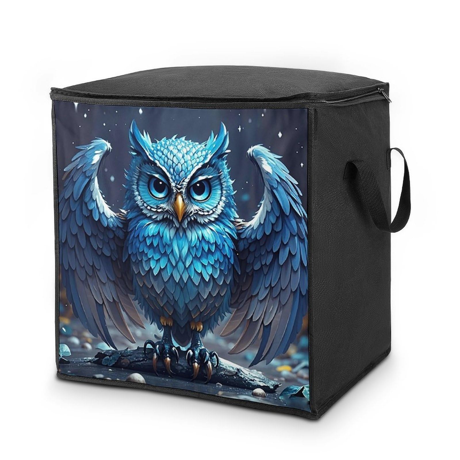 Blue Owl Storage Bag with Zippers And Handle Extra Large Bedding Comforter Storage Bag Foldable Blanket Storage Bags Fabric Moving Bags for Closet Organizer (70L)