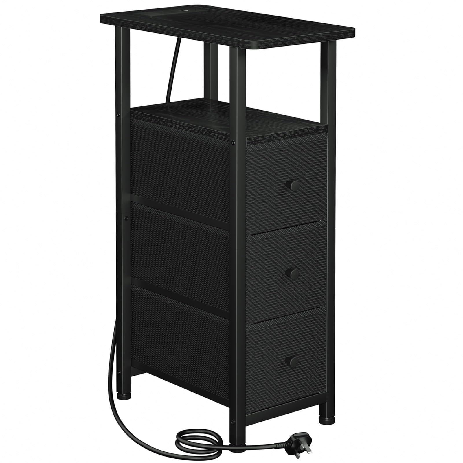LOAKEKEL Slim Bedside Table with Charging Station, Narrow Side Table with 3 Fabric Drawers, Small End Table with Open Storage Shelf, Nightstand for Small Spaces, Living Room, Black UHETNDP03BK-1