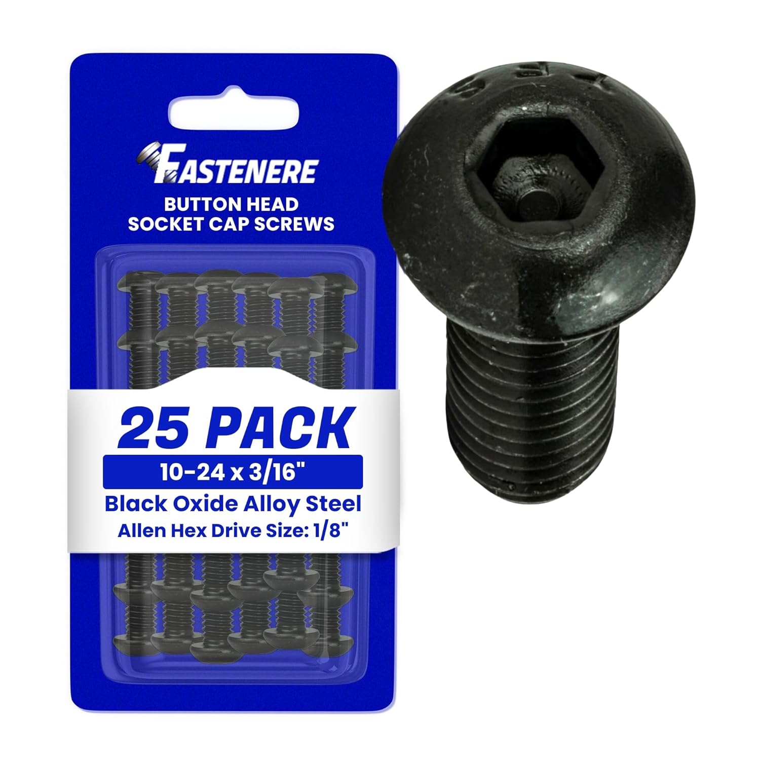 Fastenere Button Head Socket Cap Screws - 10-24 x 3/16" (25-Pcs) Alloy Steel, Fully Threaded, Fine Black Oxide Finish, Corrosion-Resistant, Machine Thread, Easy to Install w/Allen Hex Drive
