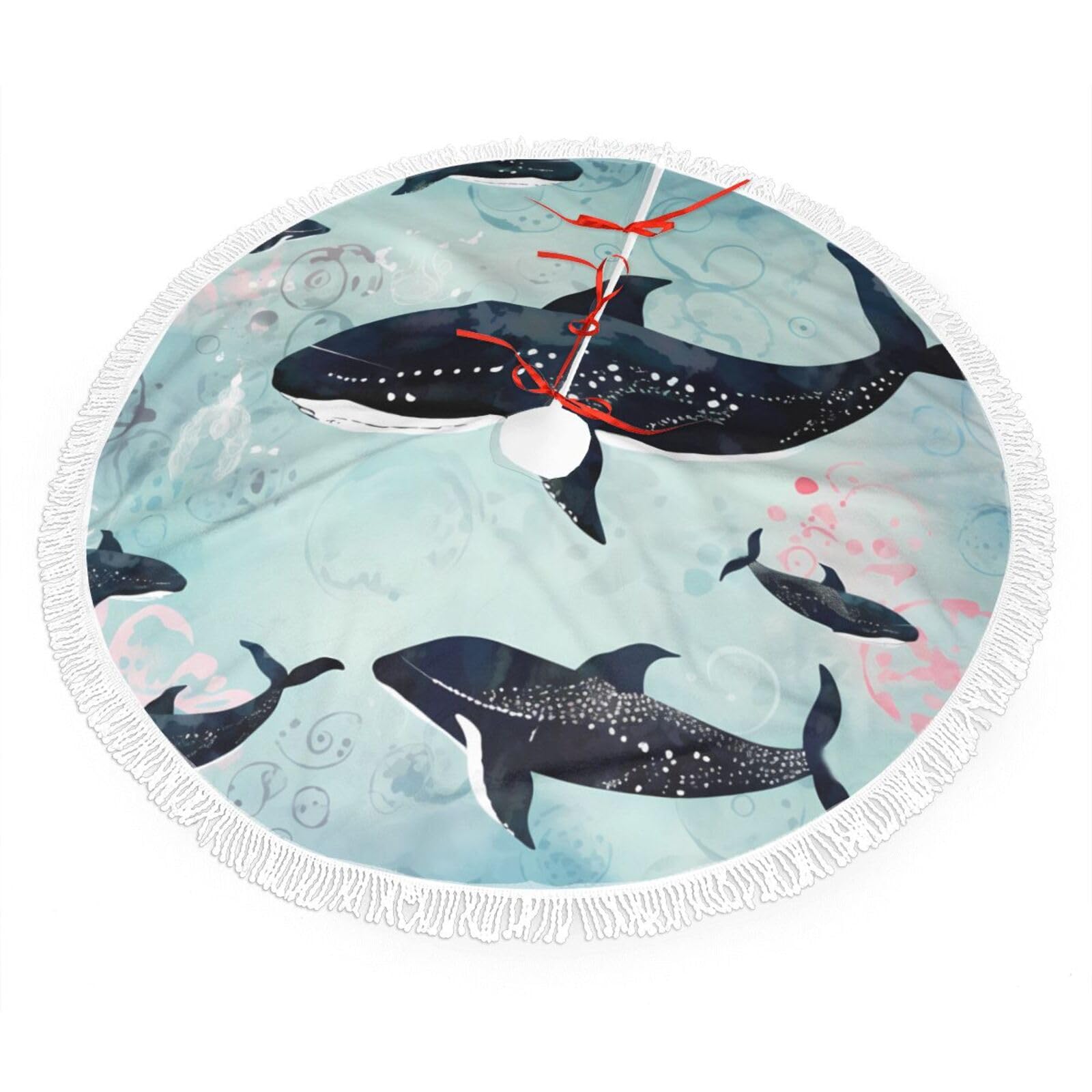 Whale Christmas Tree Skirt 36", Soft Plush Xmas Tree Carpet with Tassel Christmas Ornaments Winter Holiday Tree Mat Decoration for Home Party Supplies