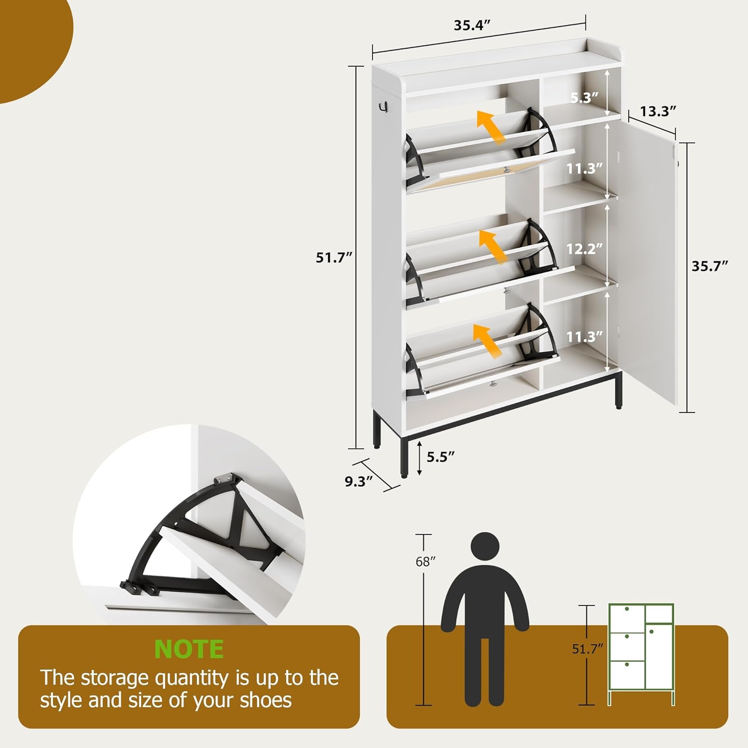 Rattan Wooden Shoe Cabinet, Freestanding 3-Flip Drawer Shoe Storage Organizer, Side Cabinet & Top Fence, Easy Assembly Shoe Rack for Entryway Hallway Living Room, White