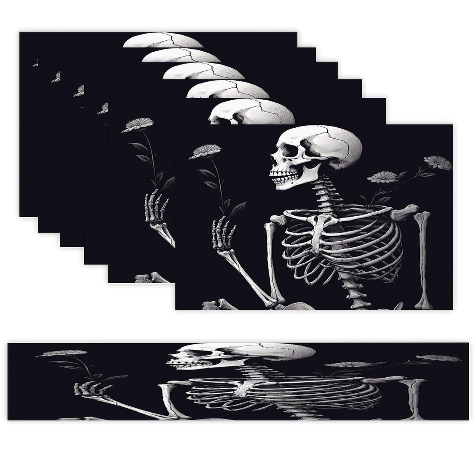 Aesthetic Skeleton Table Runner and Placemats Set of 6 Wipe Clean Heat Resistant Table Mat with Table Runner Decorations Flax Linen Place Mat Set for Home Kitchen Party Supplies