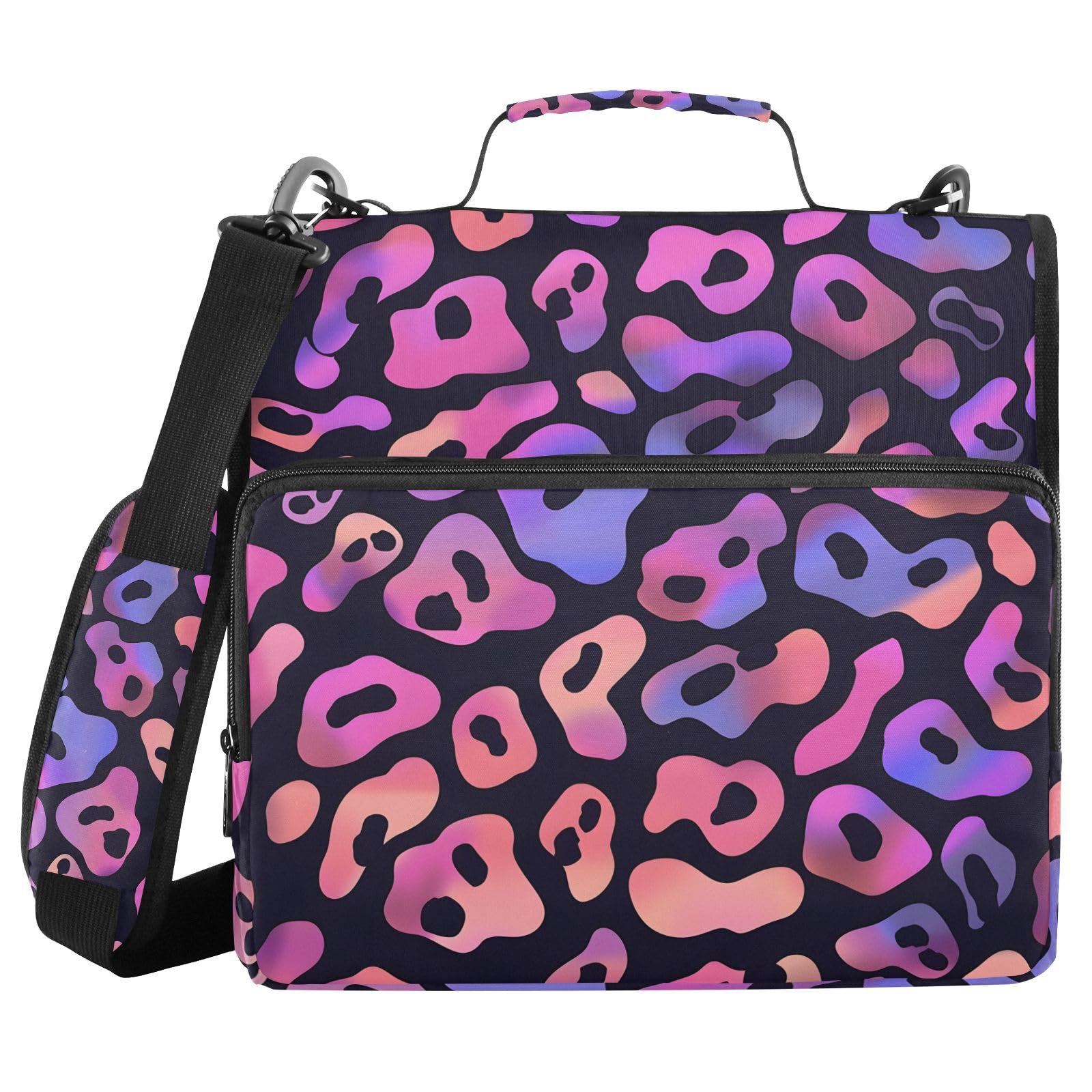 BOENLE 3 Ring Binder Zipper Binders Pink-Purple Gradient Leopard Print Expanding File Folder Bag with Shoulder Strap