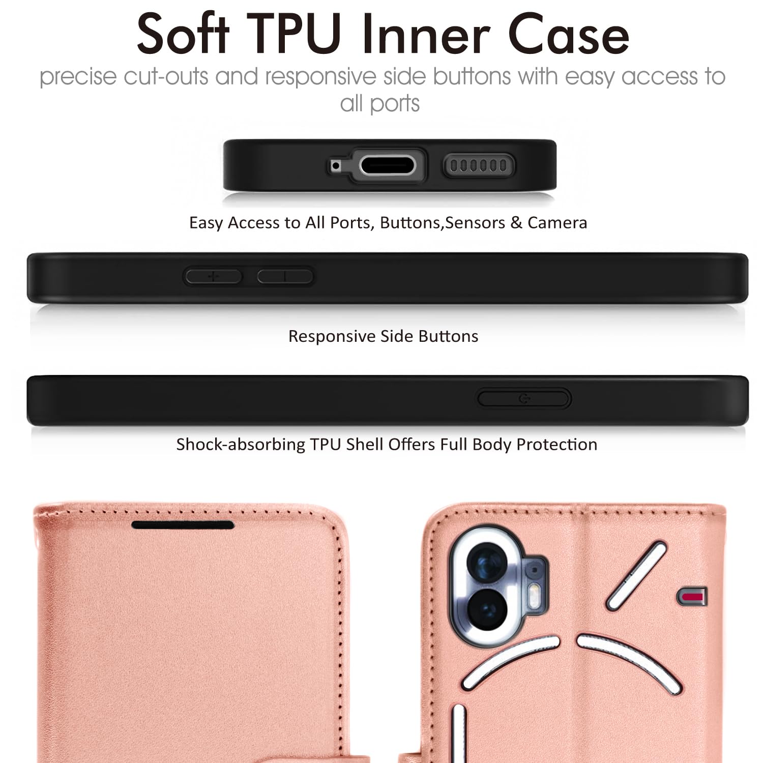 TECHGEAR Leder-Hülle Für Nothing Phone 2 – PU-Leder Flip Case Mit Ständer & Handschlaufe (Rose Gold)