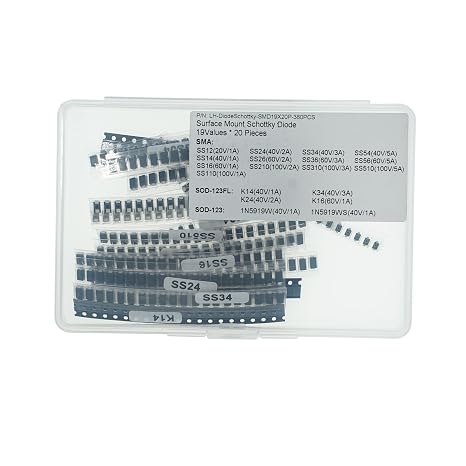 19 Types x 20 Pieces, Total 380 Pieces Surface Mount Schottky Diode Kit SS12 SS14 SS16 SS110 SS24 SS26 SS210 SS34 SS36 SS310 SS54 SS56 SS510 K14 K16 K24 K34 1N5919W 1N5919WS